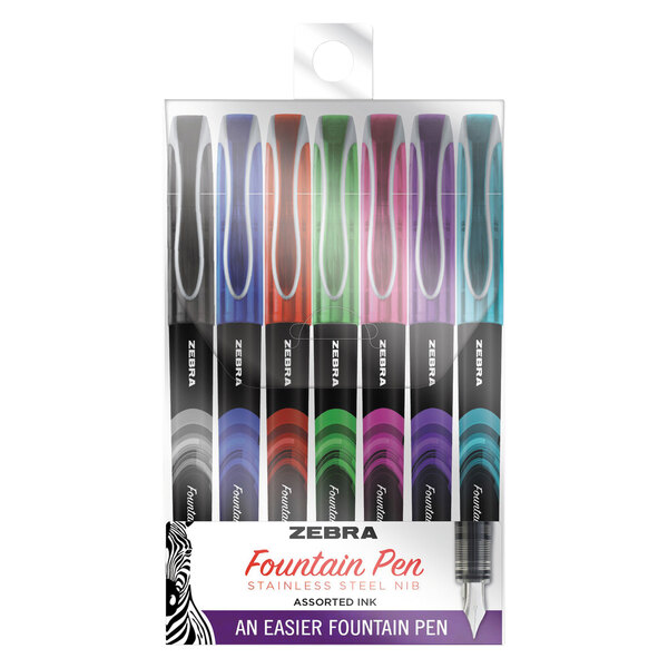 A package of Zebra fountain stick pens with assorted ink and barrel colors.