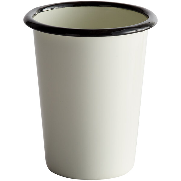 A Tablecraft enamelware cup with a black and white rim.