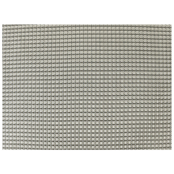 A close-up of a dove gray woven vinyl placemat with a grid pattern.