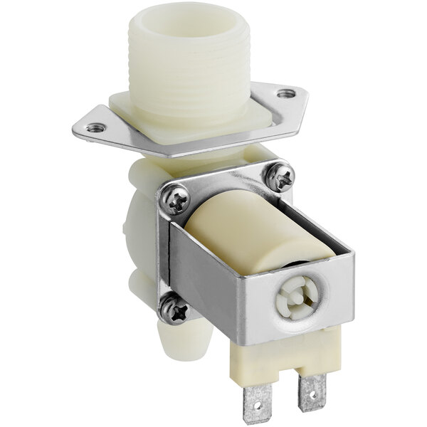 An Avantco white plastic solenoid valve with a metal holder.