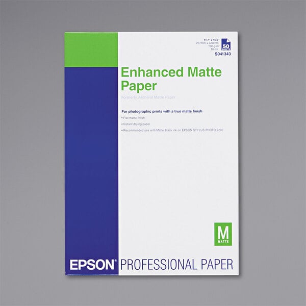 A white rectangular package with green and blue text for Epson Ultra Premium Matte Presentation Paper.