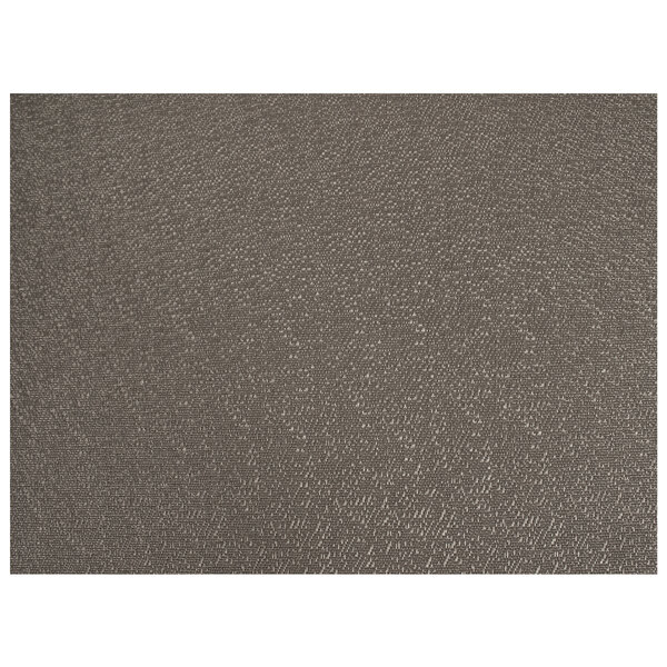 A gray vinyl rectangle placemat with a mushroom pattern on a fabric surface.