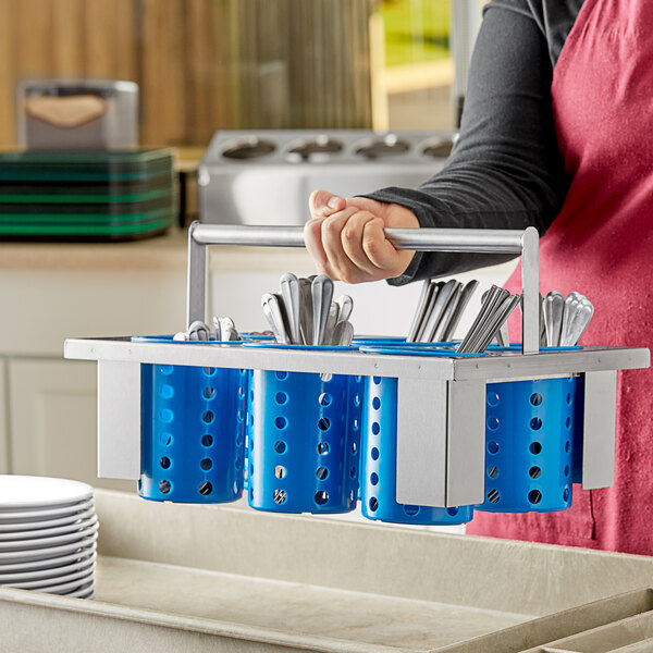 Steril-Sil E1-BS6OE-RP-BLUE Stainless Steel 6-Cylinder Drop-In Flatware Basket with Blue Plastic Cylinders