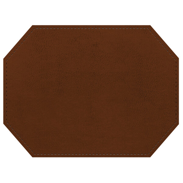 A brown faux leather octagon placemat with stitching.