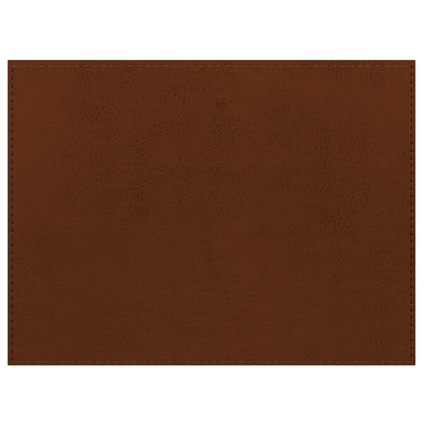 A customizable burnt sienna premium faux leather rectangular placemat with blue stitching.