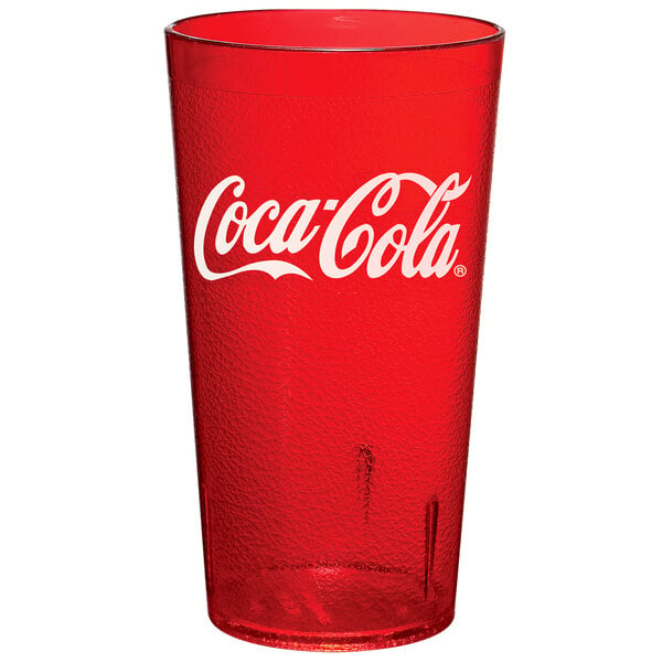 A close up of a red GET Coca-Cola plastic tumbler with white text.