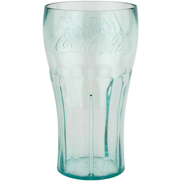 A clear plastic GET soda glass with a Coca-Cola logo.