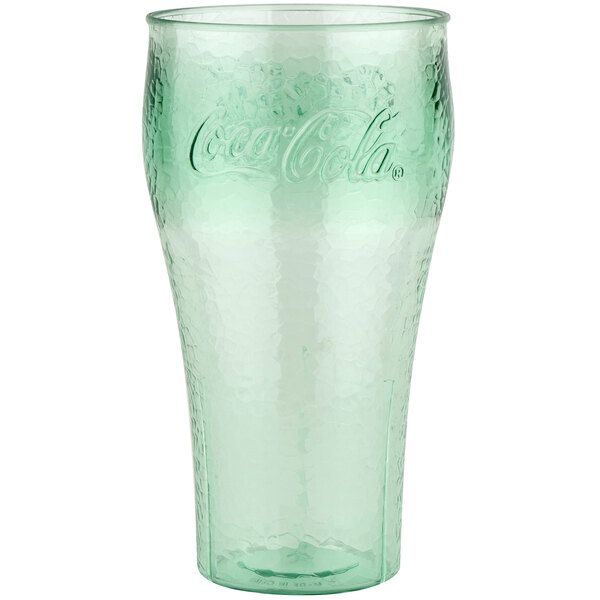 A jade green plastic Coca-Cola tumbler with a pebbled texture and a logo on it.