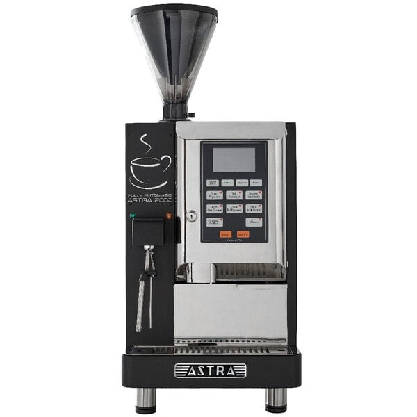 A black and silver Astra A2000 Super-Automatic Espresso Machine with a screen and buttons.