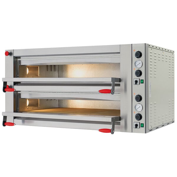 An Omcan double deck countertop pizza oven with two silver doors and red handles.