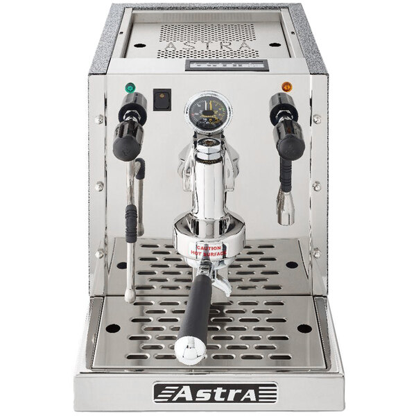 A silver Astra Gourmet Automatic Espresso Machine with black handles on a white background.