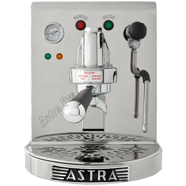 An Astra PRO pour-over espresso/cappuccino machine with a stainless steel finish and a round base.