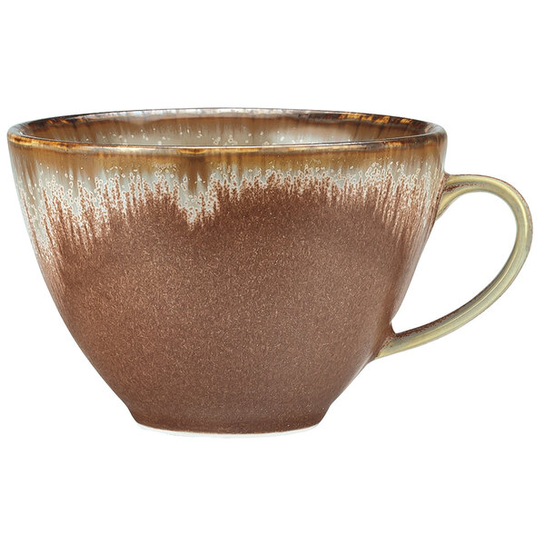 A brown and white Libbey Hedonite porcelain cup.