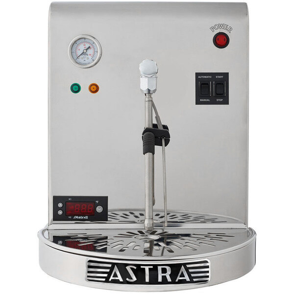 An Astra STA1300 Pro automatic pourover milk and beverage steamer with a round metal base and gauges.