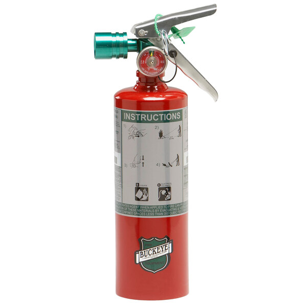 A red Buckeye fire extinguisher with green handle.
