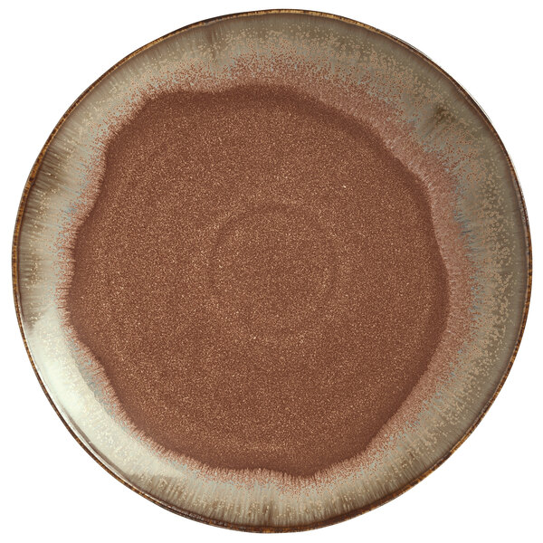 A brown plate with a white rim.
