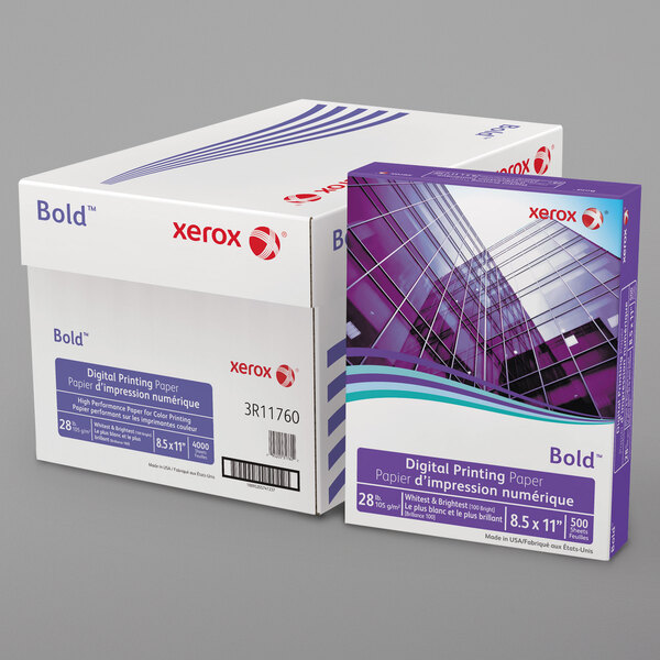 A white box of Xerox Bold paper with blue and purple labels.