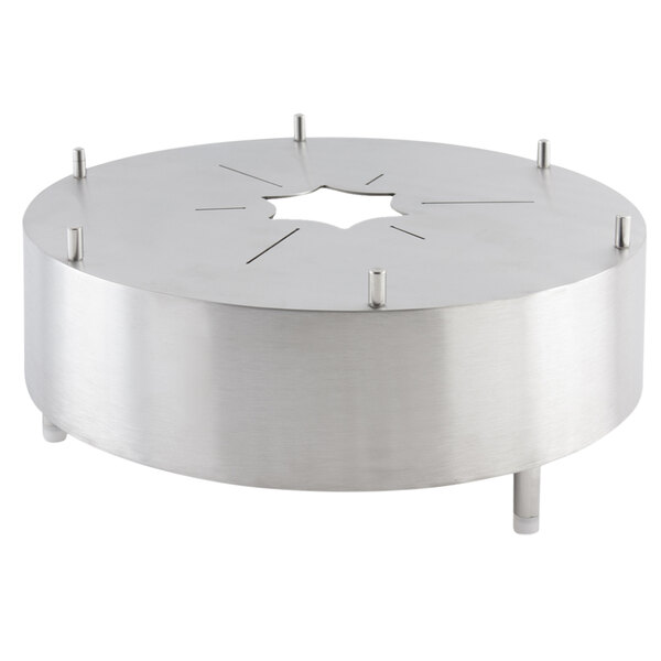 A stainless steel circular plate with star cut outs.