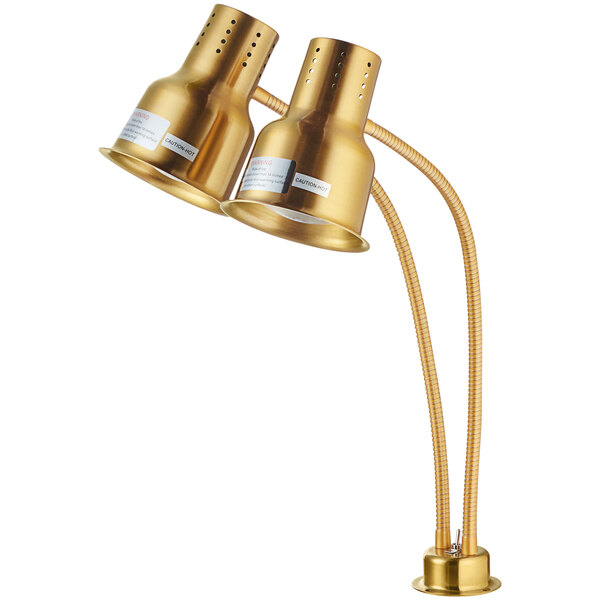 An Avantco gold stainless steel heat lamp with two arms and two bulbs.