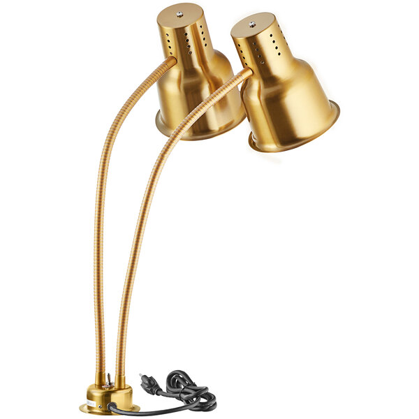 An Avantco gold stainless steel heat lamp with double arms and two gold heat lamps.