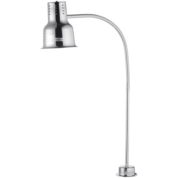 An Avantco silver countertop heat lamp with a curved metal arm.