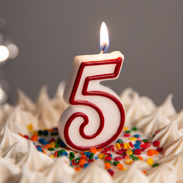 A red and white outlined number 5 candle on a cake.