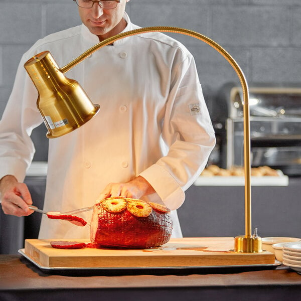 Avantco Carving Station Kit with 39" Gold Heat Lamp, Cutting Board, and Drip Pan - 120V, 250W