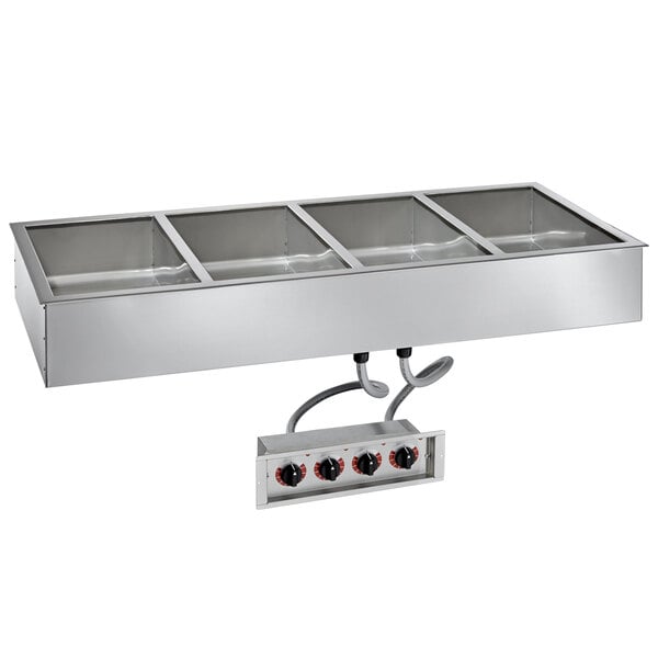 An Alto-Shaam stainless steel drop-in hot food well for 4" deep pans on a counter.