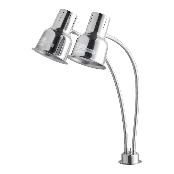 A close-up of an Avantco stainless steel heat lamp with two lamps.