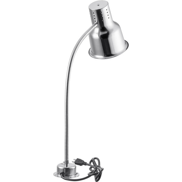 An Avantco silver countertop heat lamp with a cord and a metal base.