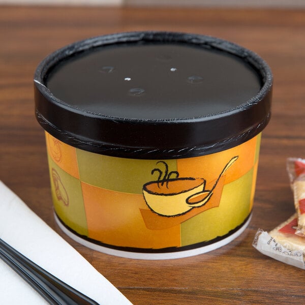 Huhtamaki 71852 16 oz. Double-Wall Poly Squat Paper Soup / Hot Food Cup with Vented Paper Lid and Streetside Design - 250/Case