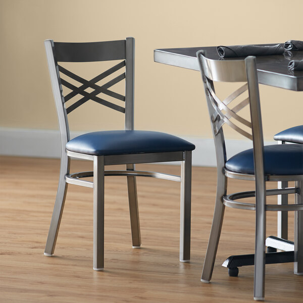Lancaster Table & Seating Clear Coat Finish Cross Back Chair with 2 1/2" Navy Vinyl Padded Seat