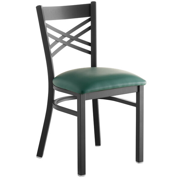 Lancaster Table & Seating Black Finish Cross Back Chair with 2 1/2" Green Vinyl Padded Seat