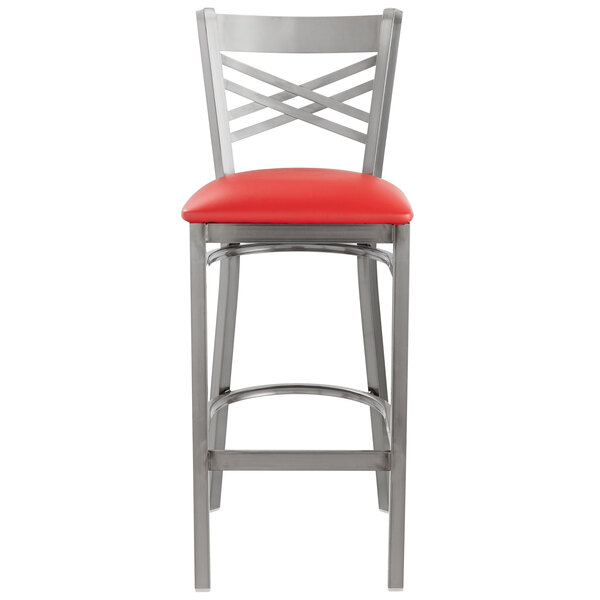 Lancaster Table & Seating Clear Coat Steel Cross Back Bar Height Chair with 2 1/2" Red Vinyl Seat