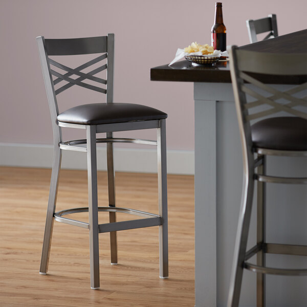 Lancaster Table Seating Clear Coat Steel Cross Back Bar Height Chair With 2 1 2 Dark Brown Vinyl Seat