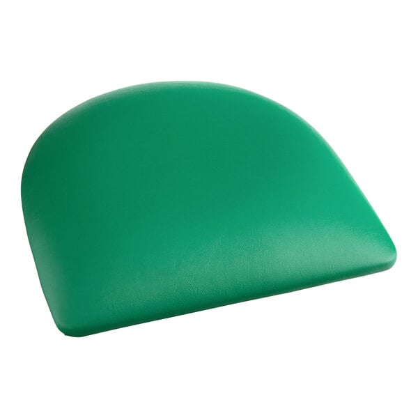 A green vinyl padded seat cushion for a metal chair frame.