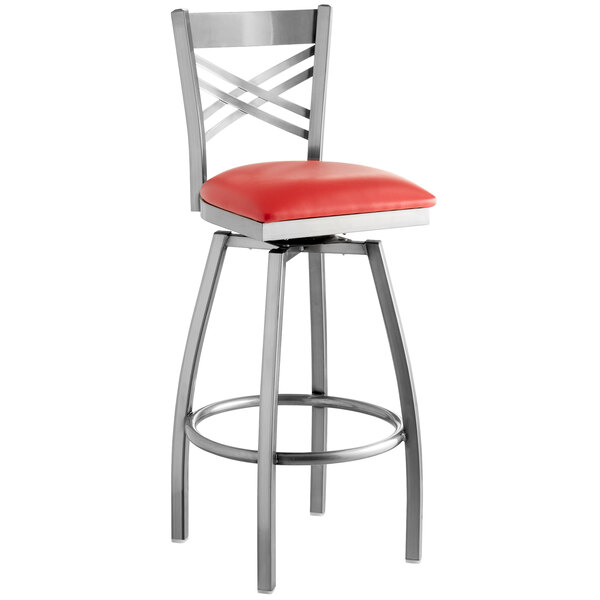 Lancaster Table & Seating Clear Coat Steel Cross Back Bar Height Swivel Chair with 2 1/2" Red Vinyl Seat