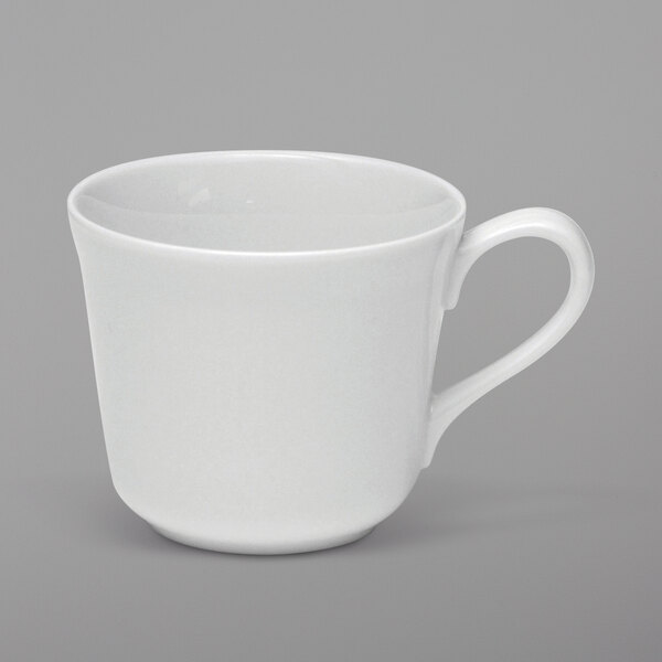 A white porcelain Alta cup with a handle.