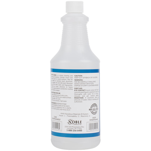 A white bottle of Noble Chemical Spiffy Shine Ready-to-Use Metal Polish with a blue label.