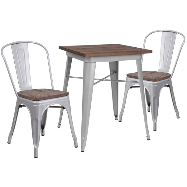 A Flash Furniture metal and wood table and chairs set with 2 chairs.