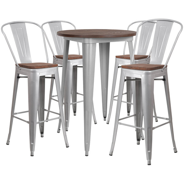 A Flash Furniture rustic galvanized steel and wood bar height table with four metal chairs.