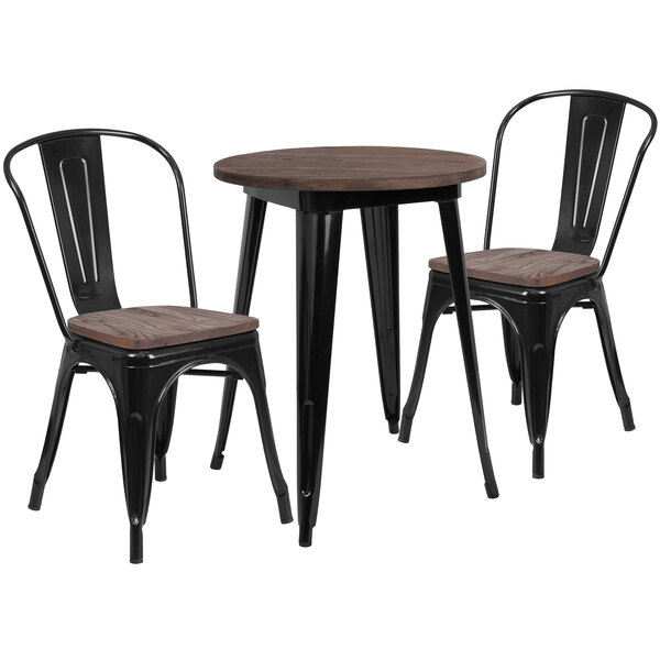 A Flash Furniture black metal bistro table with wooden top and 2 chairs.