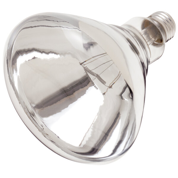 A clear Satco light bulb with a white background.