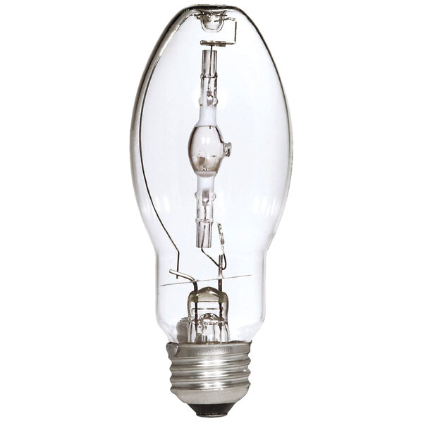 A close-up of a Satco clear metal halide light bulb with a clear base.
