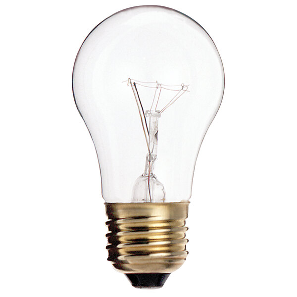 A close-up of a Satco clear finish incandescent light bulb with a wire.