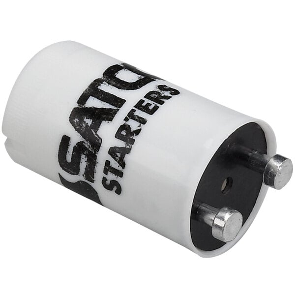 A white and black cylindrical Satco fluorescent lamp starter with black text.