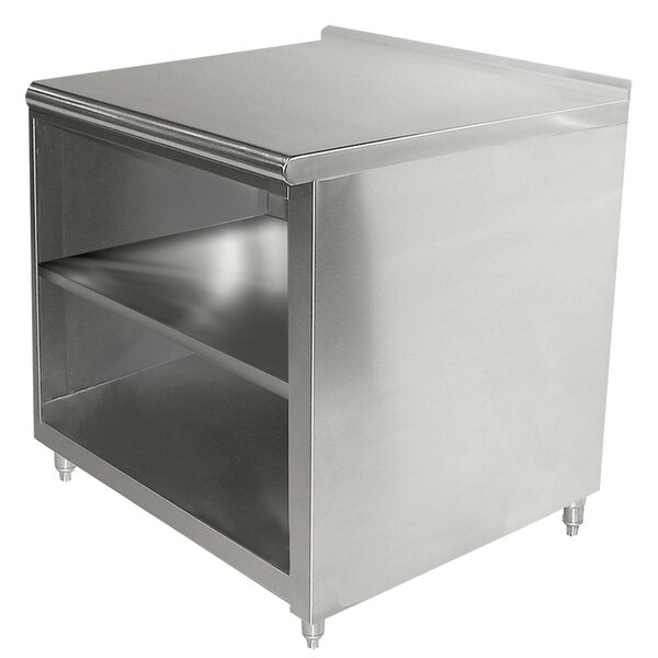 Advance Tabco EF-SS-363M 36" x 36" 14 Gauge Open Front Cabinet Base Work Table with Fixed Mid Shelf and 1 1/2" Backsplash
