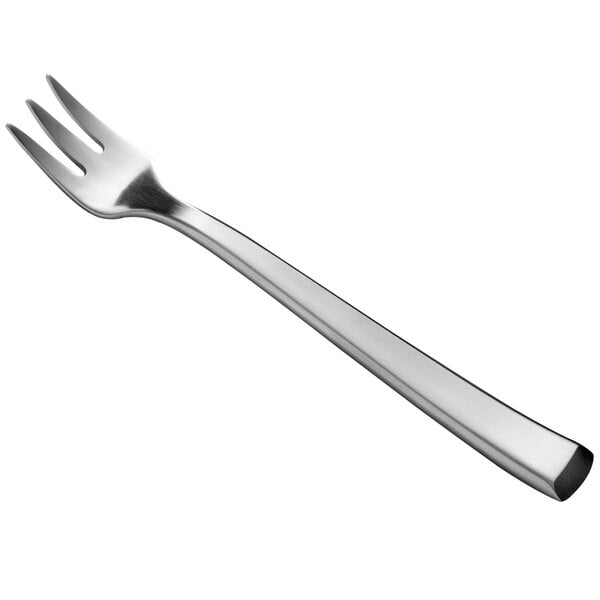 A silver stainless steel cocktail fork with a satin handle.