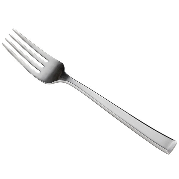 A close-up of a Reserve by Libbey Santorini Satin stainless steel salad fork with a silver handle.