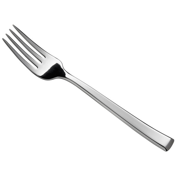 A close-up of a Reserve by Libbey Santorini Mirror salad fork with a silver handle.